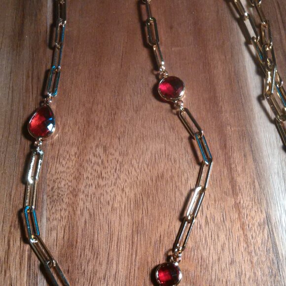 Simulated Ruby Ion Plate Yellow Gold Stainless Steel Paperclip Necklace - Picture 13 of 13